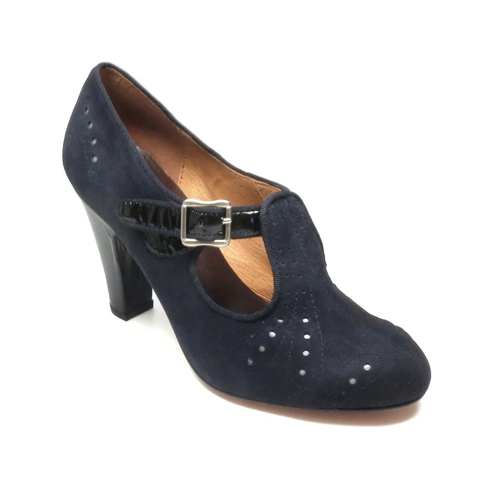 Re-Mix Vintage Footwear Cloche T-straps in Navy Suede/Black Patent, Size 6